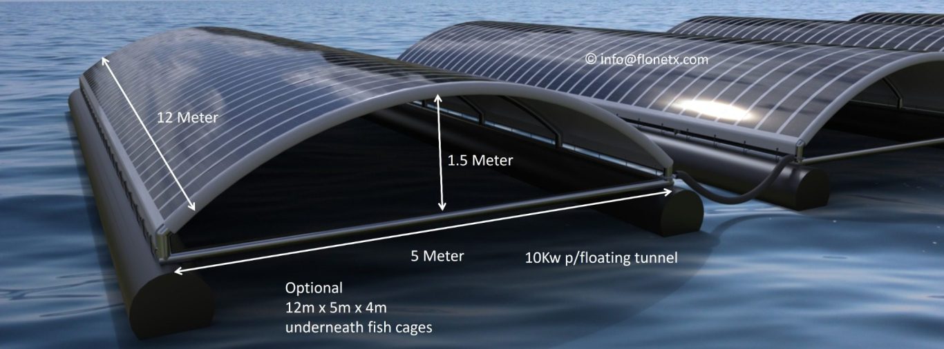 floNET X floating fish cage with solar roof – dimensions 12 x 5 x 1.5 m above water, 8-10 kWp output